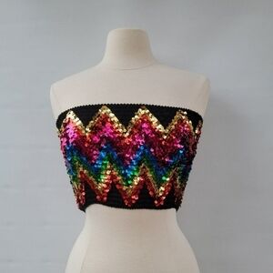 Topshop Womens Medium Black Boho Disco Retro Bright Sequin Smocked Tube Crop Top